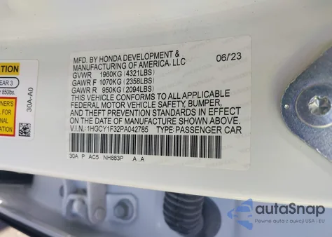 2023 Honda Accord Ex z USA, uszkodzony, nr VIN 1HGCY1F32PA042785